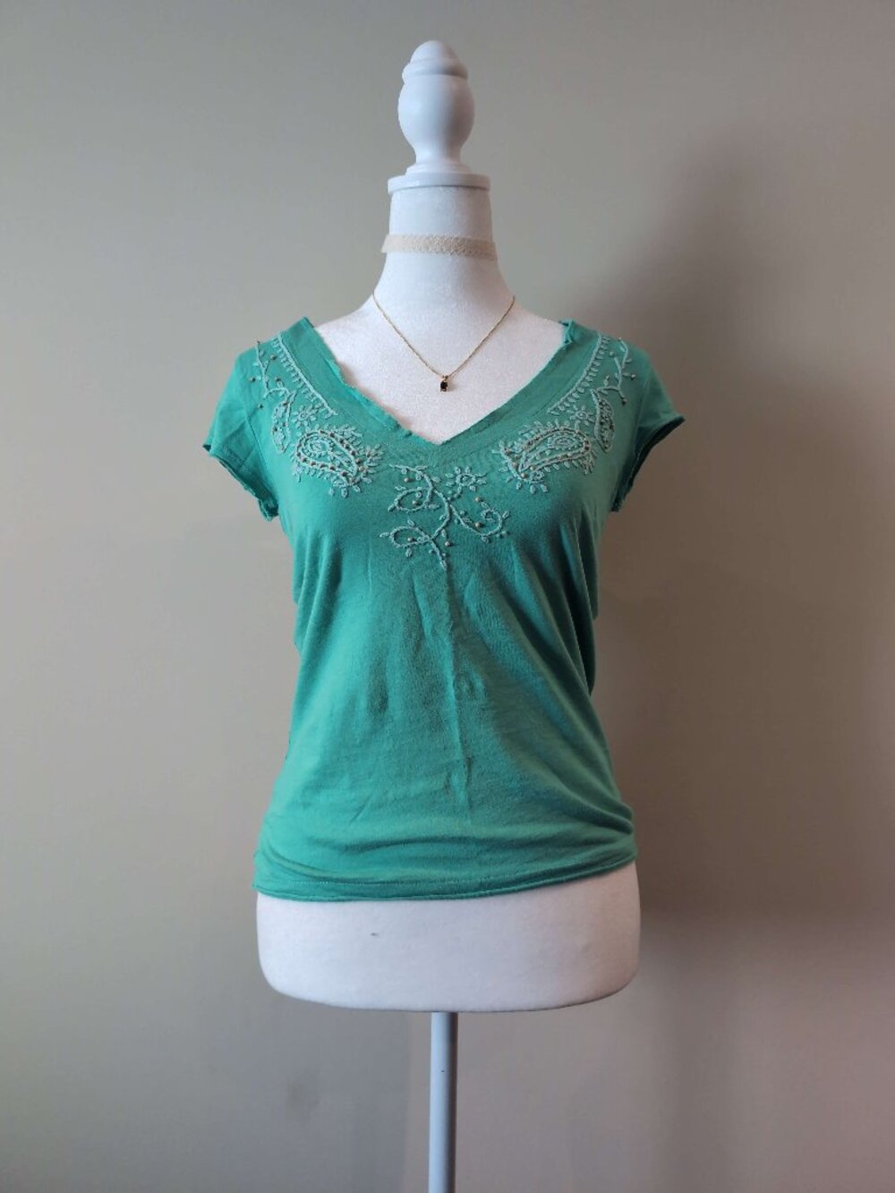 Y2K Embroidered and Beaded Turquoise V-Neck Top